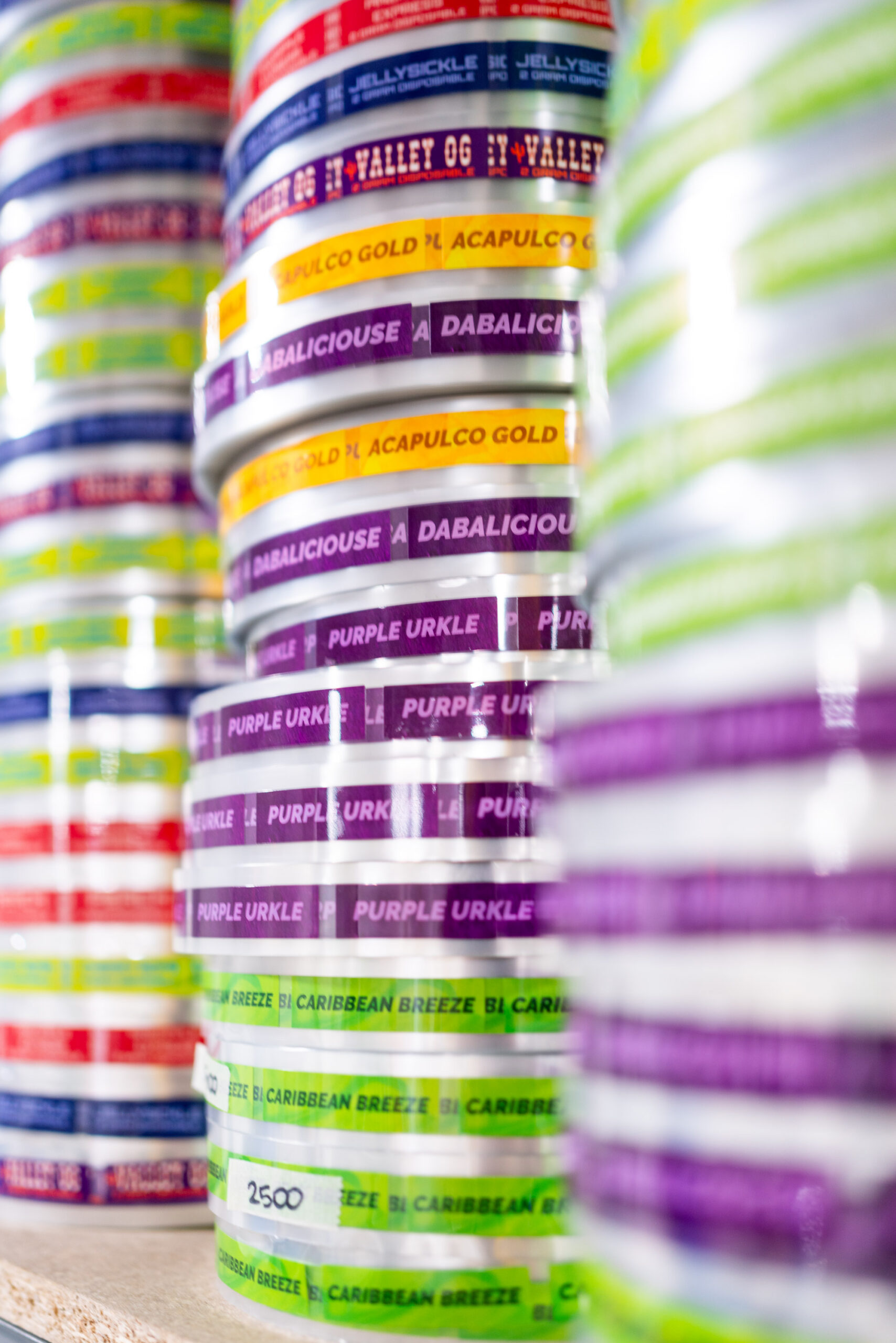 Stacks of colorful labels