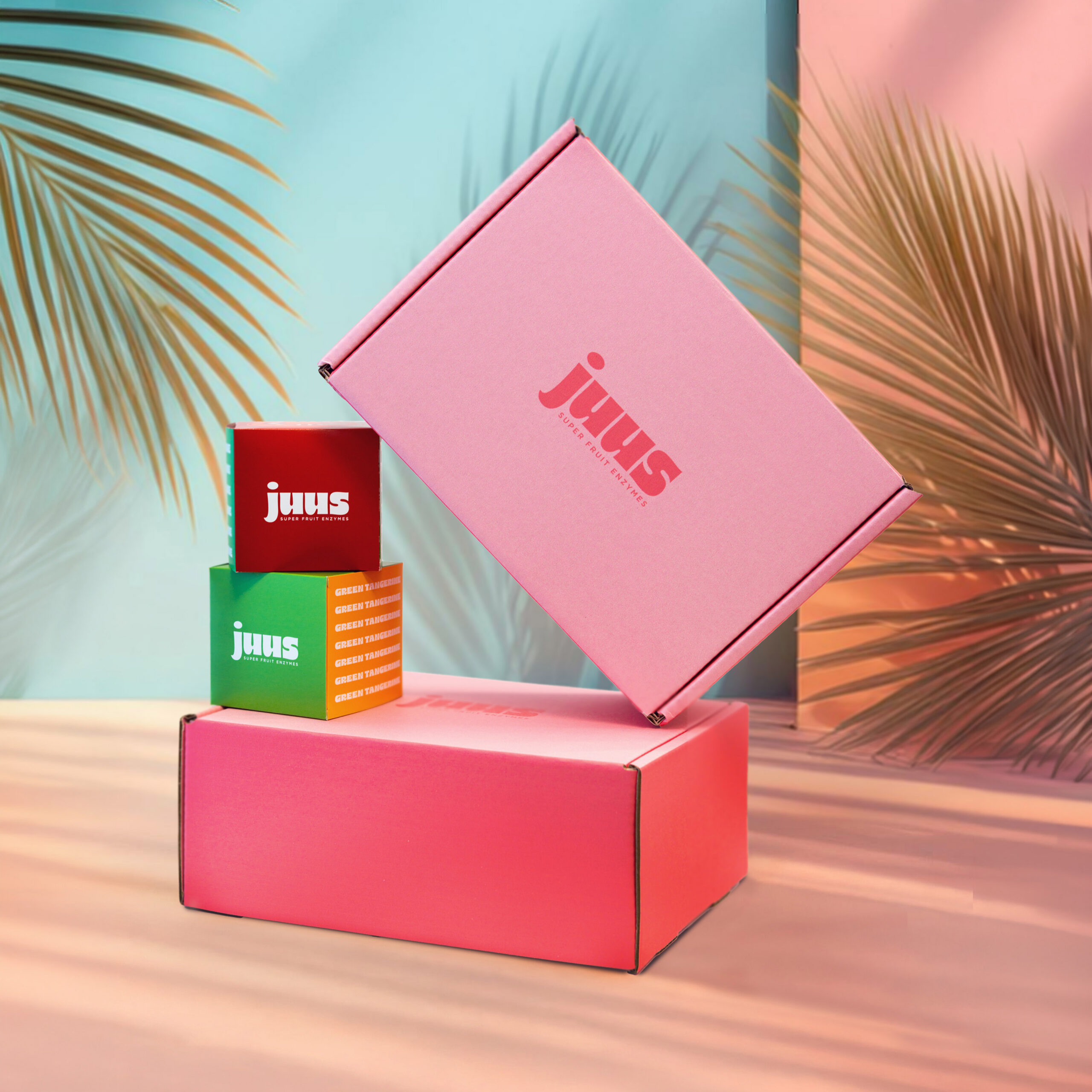 Juus packaging stack with palm fronds